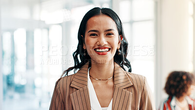 Buy stock photo Portrait, media agency and woman in office, confidence and creative project with about us. Person, copywriting and journalist in workplace, reporter and career ambition with magazine editor and smile