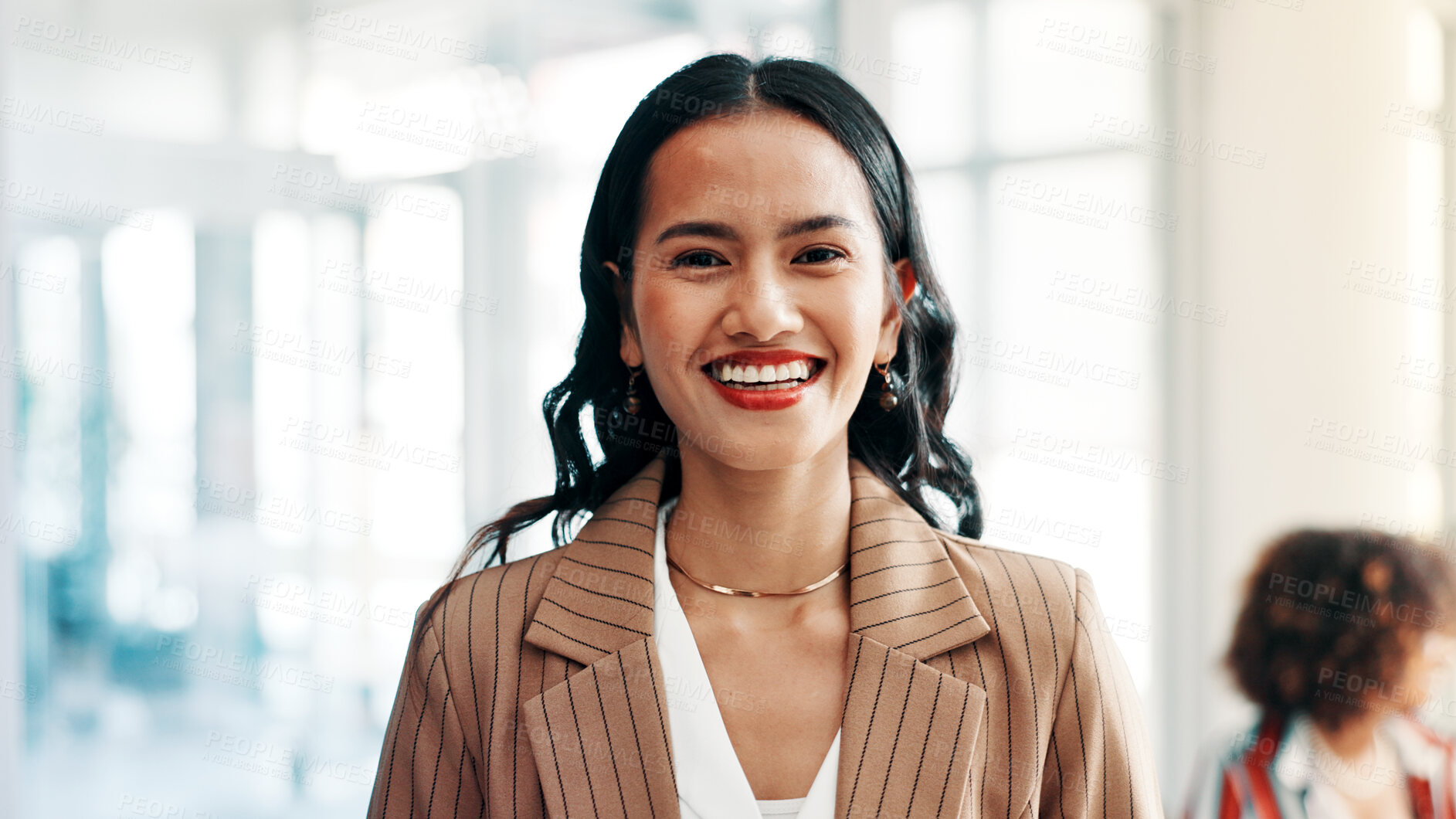 Buy stock photo Portrait, media agency and woman in office, confidence and creative project with about us. Person, copywriting and journalist in workplace, reporter and career ambition with magazine editor and smile