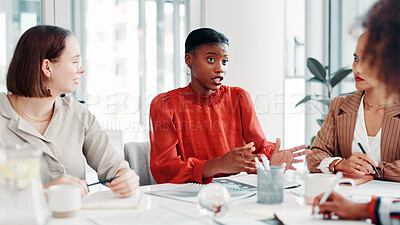 Buy stock photo Business women, meeting and discussion with documents for company proposal or planning in office. Female people, employees or team with paperwork for work strategy, decision or ideas in workplace