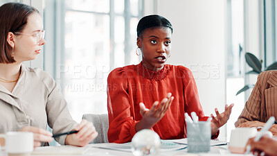 Buy stock photo Media agency, planning and women in meeting, conversation and deadline for creative project. Copywriting, employees and journalist in office, brainstorming and feedback for news report and discussion