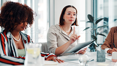 Buy stock photo Paperwork, meeting or people in boardroom for discussion, campaign schedule or release date decision. Collaboration, suggestion or women with idea for launch agenda, brand awareness or plan promotion