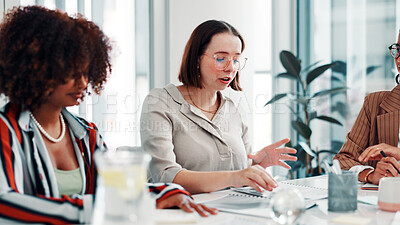 Buy stock photo Brainstorming, meeting or people in boardroom for discussion, campaign schedule or release date decision. Teamwork, suggestion or women with idea for launch agenda, brand awareness or plan promotion