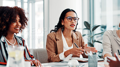 Buy stock photo Creative agency, meeting or women in boardroom for discussion, campaign schedule or release date choice. Teamwork, suggestion or people with ideas for launch agenda, brand awareness or plan promotion