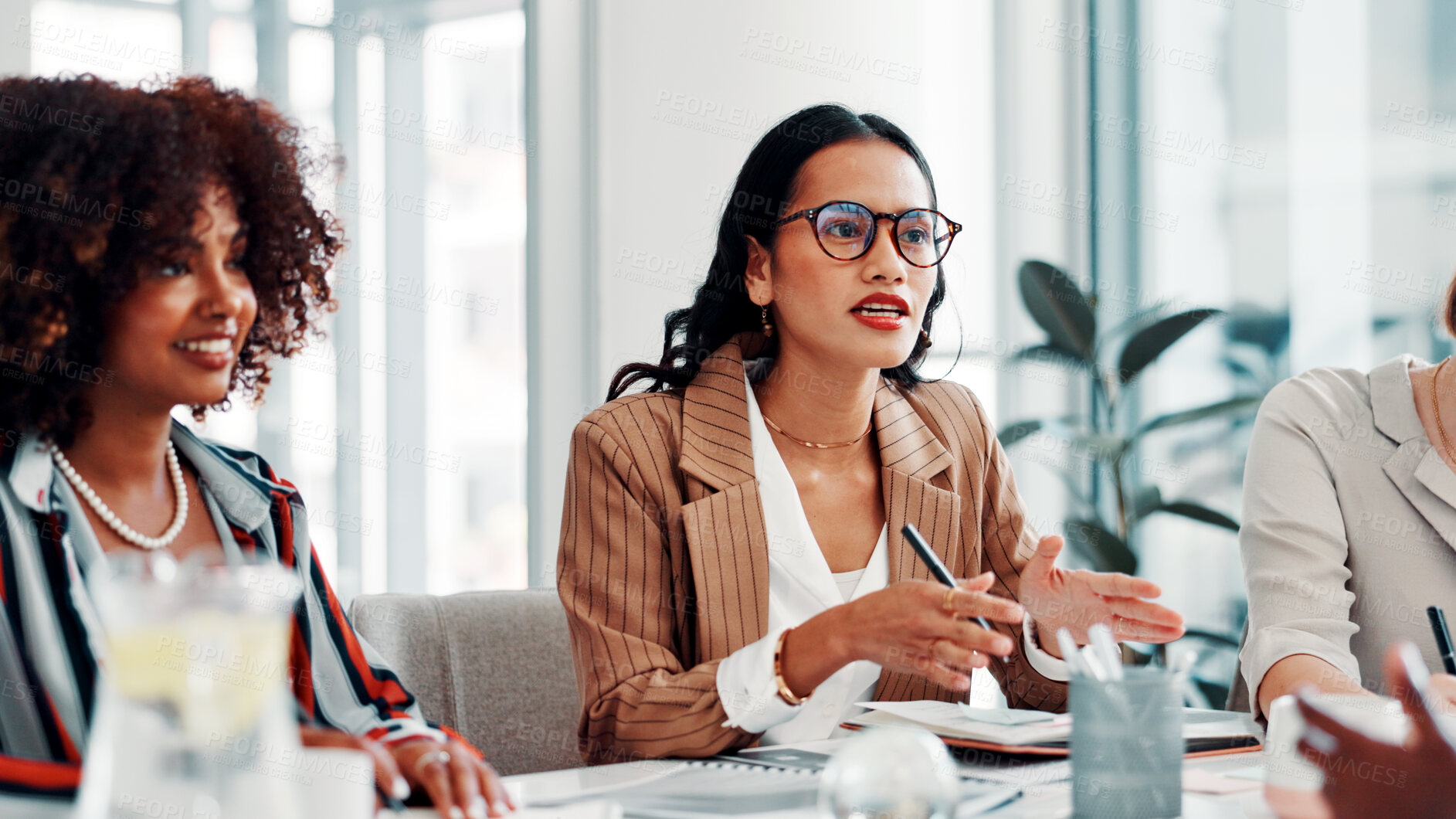 Buy stock photo Creative agency, meeting or women in boardroom for discussion, campaign schedule or release date choice. Teamwork, suggestion or people with ideas for launch agenda, brand awareness or plan promotion
