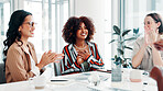 Applause, fashion design and success with business women in boardroom for bonus or promotion. Meeting, motivation and thank you with designer people clapping in workplace for clothing company