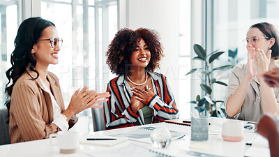 Buy stock photo Applause, fashion design and success with business women in boardroom for bonus or promotion. Meeting, motivation and thank you with designer people clapping in workplace for clothing company