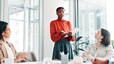 Buy stock photo Fashion design, meeting and presentation with business women in boardroom for discussion. Conversation, feedback and planning with designer people in workplace for development of clothing company