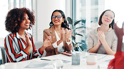 Buy stock photo Applause, collaboration and fashion design with business women in boardroom for bonus or goals. Clapping, milestone and success with happy designer people at table in workplace for clothing company