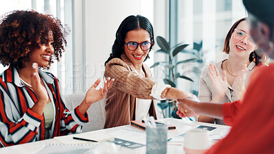 Buy stock photo Applause, fashion design and handshake with business women in boardroom for style partnership. Clapping, deal and welcome with designer people shaking hands in workplace for clothing agreement