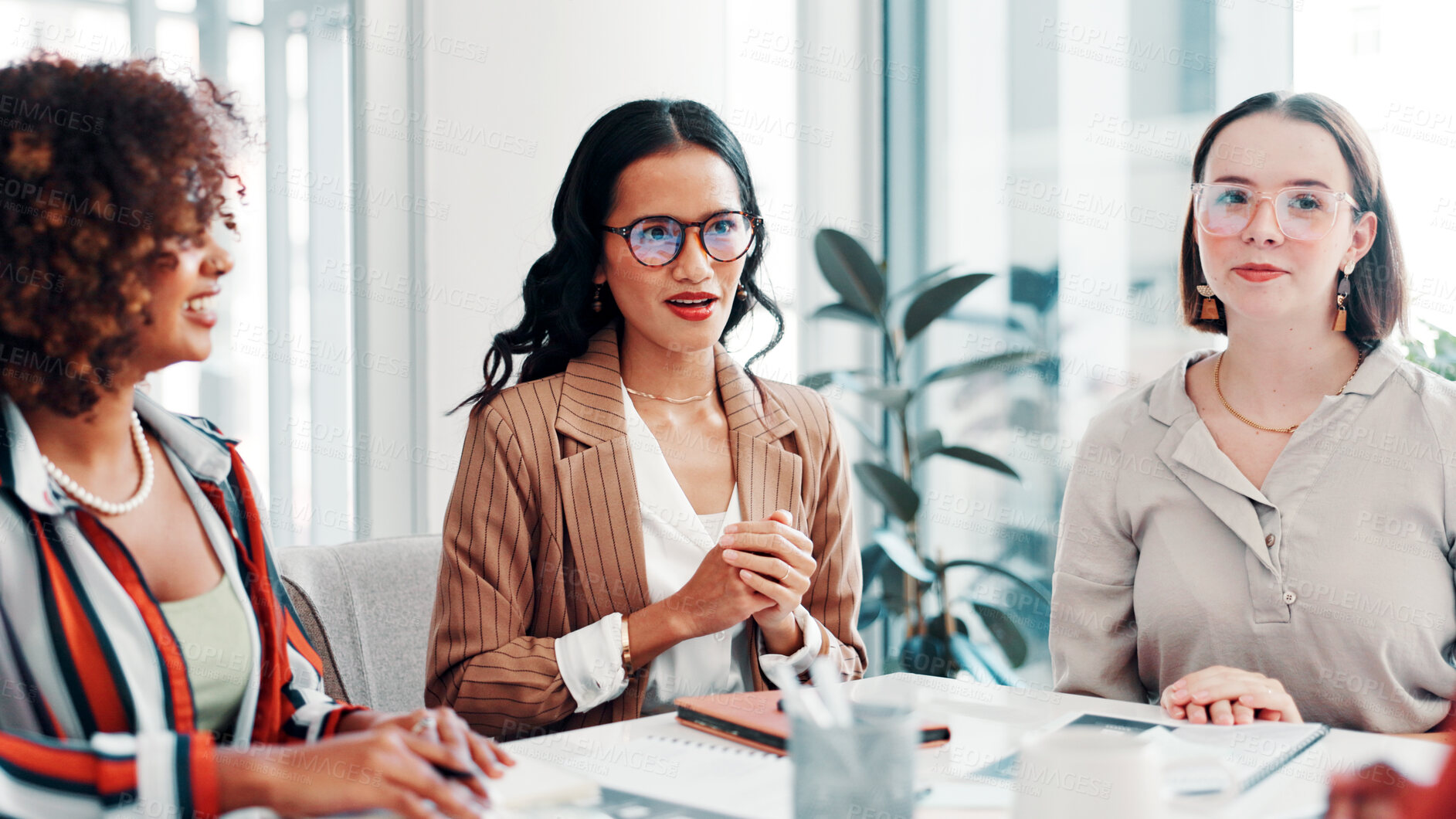 Buy stock photo Listening, meeting or people in boardroom for discussion, campaign schedule or release date decision. Collaboration, suggestion or women with idea for launch agenda, brand awareness or plan promotion