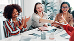 Women, meeting or applause with handshake for deal, business agreement or promotion in office. Female people, employees or colleagues shaking hands with smile or team for congratulations or thank you