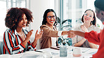 Business women, meeting or applause with handshake for deal, agreement or promotion in office. Female people, employees or colleagues shaking hands with smile or team for congratulations or thank you