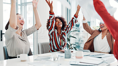 Buy stock photo Media agency, celebration and women in meeting, cheering and success with creative project. People, copywriting and employees in office, teamwork and achievement with progress report and happiness