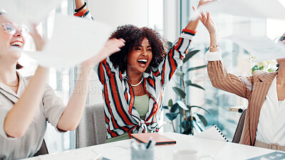 Buy stock photo Happy women, celebration or meeting with documents in air for winning, done or completion in office. Excited, female people or throwing paperwork with smile for finished or business success together