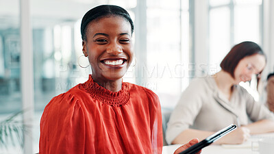 Buy stock photo Media agency, tablet and woman with smile, portrait and confidence with copywriting. Person, happiness and journalist with tech, career ambition or about us with creative project, pride or publishing