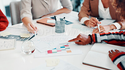 Buy stock photo Hands, people and meeting with graphs on document for accounting, finance report and sales stats. Staff, teamwork or paperwork with data analysis, financial analytics and profit growth of company kpi