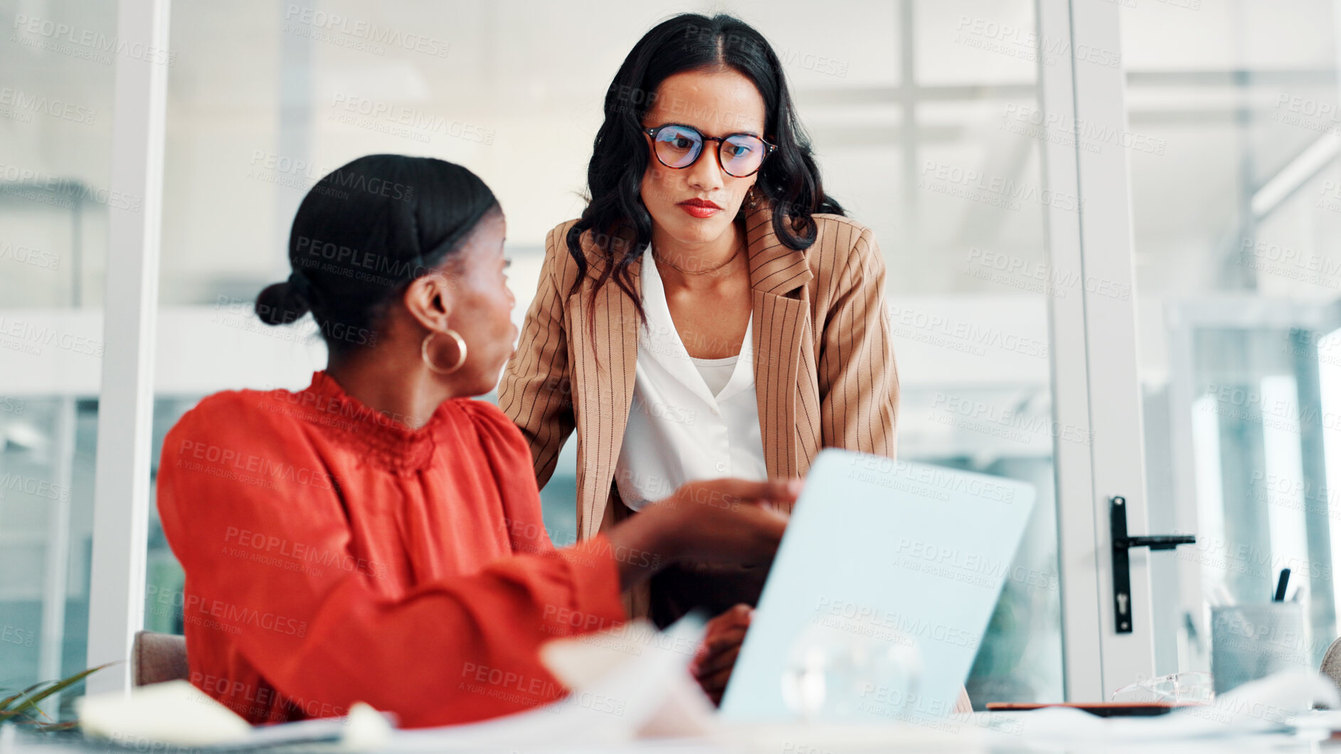 Buy stock photo Meeting, business women and laptop in office for feedback, news report and teamwork. Discussion, creative employees and journalist in conversation for research, advice and article for proofreading