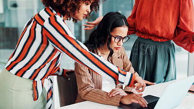 Buy stock photo Collaboration, fashion design and laptop with business women in boardroom for training. Computer, conversation and planning with designer people at work for clothing company coaching or development