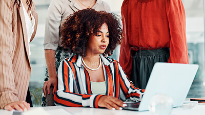 Buy stock photo Fashion design, laptop and meeting with business women in boardroom for discussion. Collaboration, computer and planning with designer people at table in workplace for clothing company development