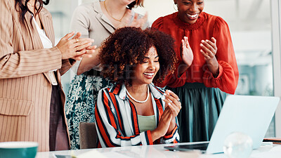 Buy stock photo Applause, fashion design and laptop with business women in boardroom for style success. Computer, milestone and motivation with happy designer people clapping in workplace for clothing company goals