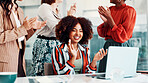 Happy woman, team and applause with laptop for promotion, business success or bonus in office. Female people, employees or colleagues clapping with smile or computer for winning, done or completion