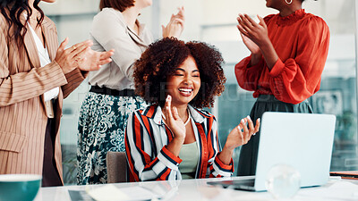 Buy stock photo Happy woman, team and applause with laptop for promotion, business success or bonus in office. Female people, employees or colleagues clapping with smile or computer for winning, done or completion
