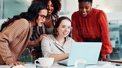 Buy stock photo Fashion design, laptop and market research with business women in boardroom for discussion. Computer, conversation and planning with designer people at table in workplace for clothing company report