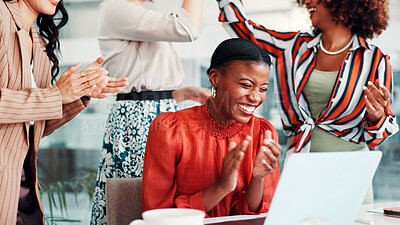 Buy stock photo Excited women, team and good news with applause for bonus, business success or promotion in office. Female people, employees or colleagues clapping with smile for winning, done or completion together