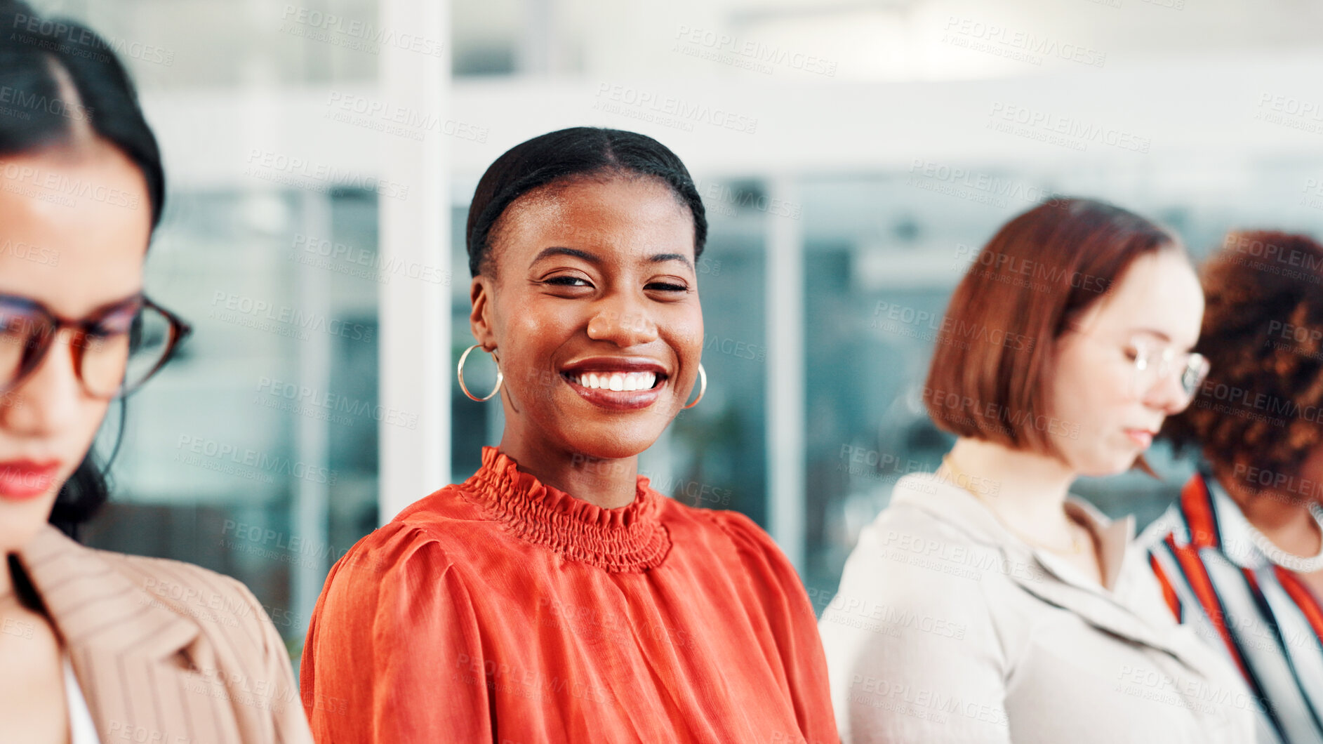 Buy stock photo Portrait, woman and happy in meeting, office and marketing manager with pride for career development. Confident, employee and smile for business growth, creative and people in advertising agency