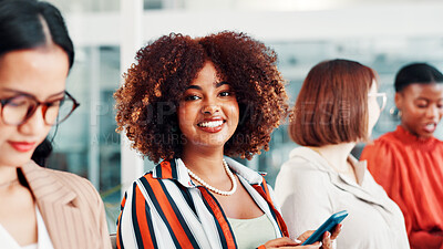 Buy stock photo Portrait, employee and woman with smartphone in meeting, happy and digital marketing on social media. Coworking, people and brand manager with mobile for ad campaign, confident or research on website