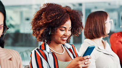 Buy stock photo Happy, employee and woman with smartphone in meeting, research and digital marketing on social media. Coworking, people and brand manager with mobile for project, confident or ad campaign on website