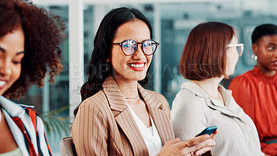 Buy stock photo Portrait, glasses and woman with smartphone in meeting, happy and digital marketing on social media. Coworking, people and brand manager with mobile for campaign, research and confident with eyewear
