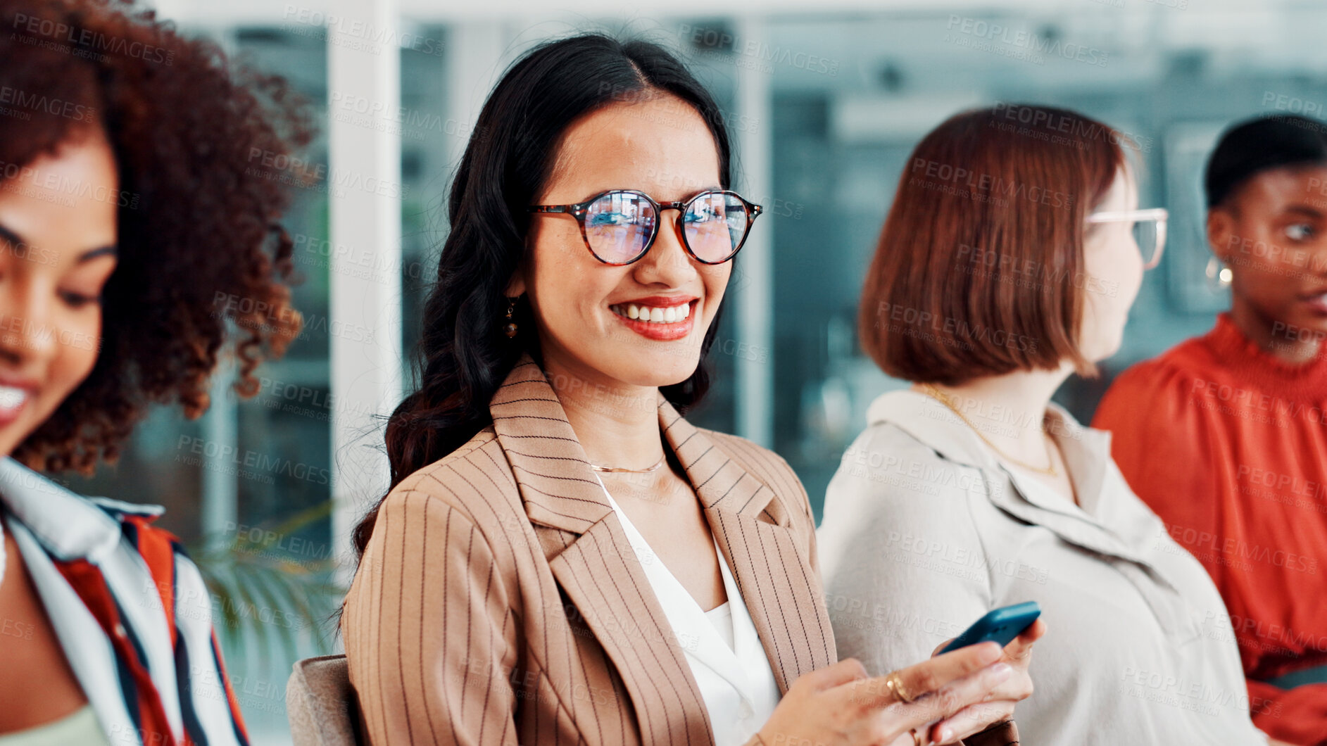 Buy stock photo Portrait, glasses and woman with smartphone in meeting, happy and digital marketing on social media. Coworking, people and brand manager with mobile for campaign, research and confident with eyewear