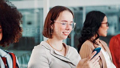 Buy stock photo Employee, scroll and woman with smartphone in meeting, online and digital marketing on social media. Coworking, people and brand manager with mobile for project, confident and ad campaign on website