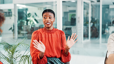 Buy stock photo Woman, talk and explain in office with meeting, fashion designer collaboration and creative idea. Person, discussion and brainstorming in workplace for clothing collection, style inspiration or plan.