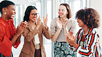 Media agency, celebration and women with applause, cheering and success with creative project. People, copywriting and employees in office, teamwork and achievement with progress report and clapping