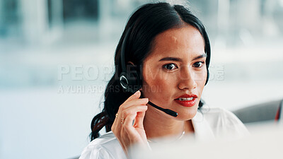 Buy stock photo Headset, agent and woman in call center with computer for telemarketing, sales feedback or listening. Telesales, tech and person talk to customer for lead generation, outbound communication and offer