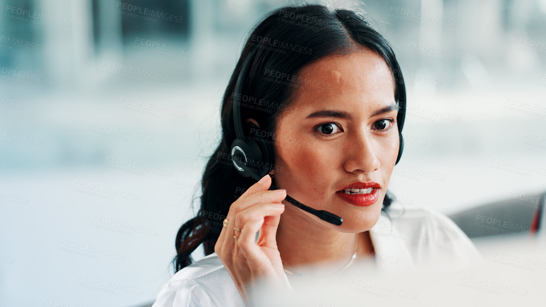 Buy stock photo Headset, agent and woman in call center with computer for telemarketing, sales feedback or listening. Telesales, tech and person talk to customer for lead generation, outbound communication and offer