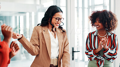 Buy stock photo Happy, women or applause in office with success for fashion designer award, goal or achievement. People, clapping or celebration in workplace for clothing collection sale, accomplishment or milestone