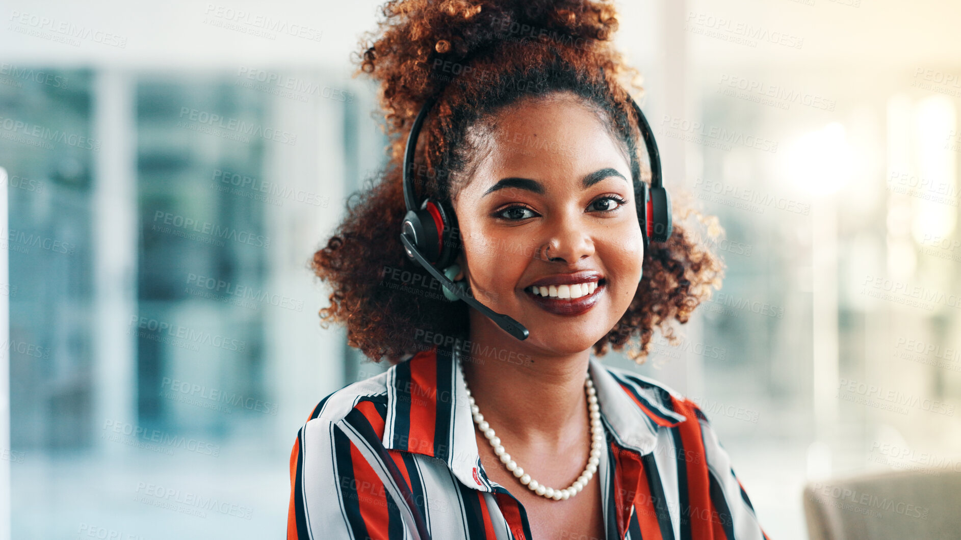 Buy stock photo Portrait, agent and happy woman in call center for telemarketing, sales or about us. Telesales, smile or African person with headset for lead generation, outbound communication or operator with pride