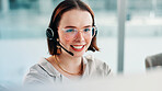 Contact us, smile and woman in call center with computer for holiday guide, feedback or assistance. Headset, customer service or talk for communication, trip reservation or booking with travel agent