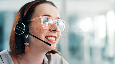 Buy stock photo Help desk, smile and woman in call center with headset for holiday guide, feedback or assistance. Contact us, customer service or talk for communication, trip reservation or booking with travel agent