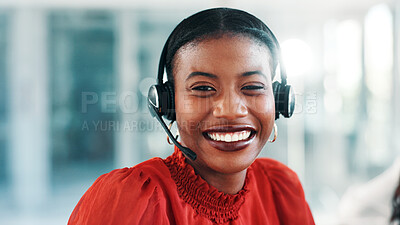Buy stock photo Help desk, smile and black woman in call center with headset for holiday guide, about us or pride. Portrait, customer service consultant or confident person, trip advisor or booking with travel agent