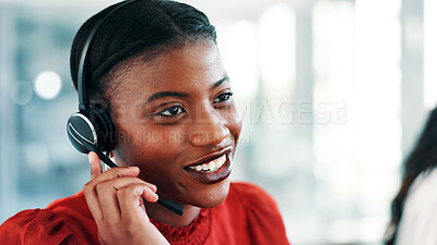 Buy stock photo Headset, smile and black woman in call center for feedback, multilingual support or help desk. Happy consultant, listening and talk for customer service, language translation and virtual guide