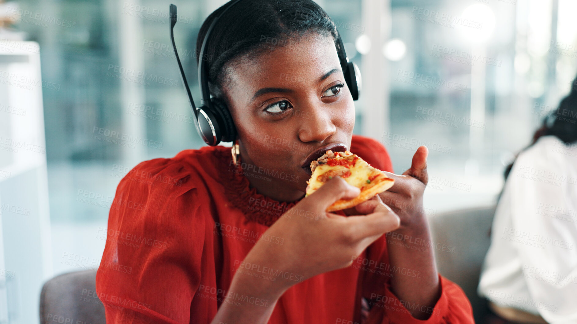 Buy stock photo Lunch break, pizza and woman with headset in contact center, customer service and eating fast food. Hungry, work pause and virtual assistant with online help desk, technical support and takeaway meal