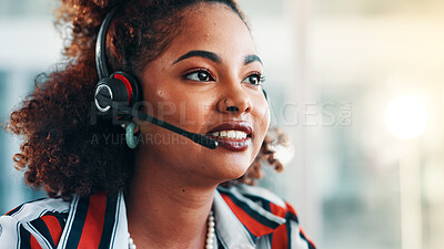 Buy stock photo Smile, agent and woman in call center for telemarketing, sales feedback or listening. Telesales, consultant and happy African person with headset for lead generation, outbound communication or offer