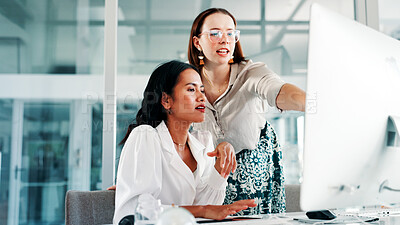 Buy stock photo Meeting, business women and computer in office for feedback, news report and teamwork. Discussion, creative employees and journalist in conversation for research, advice and article for proofreading