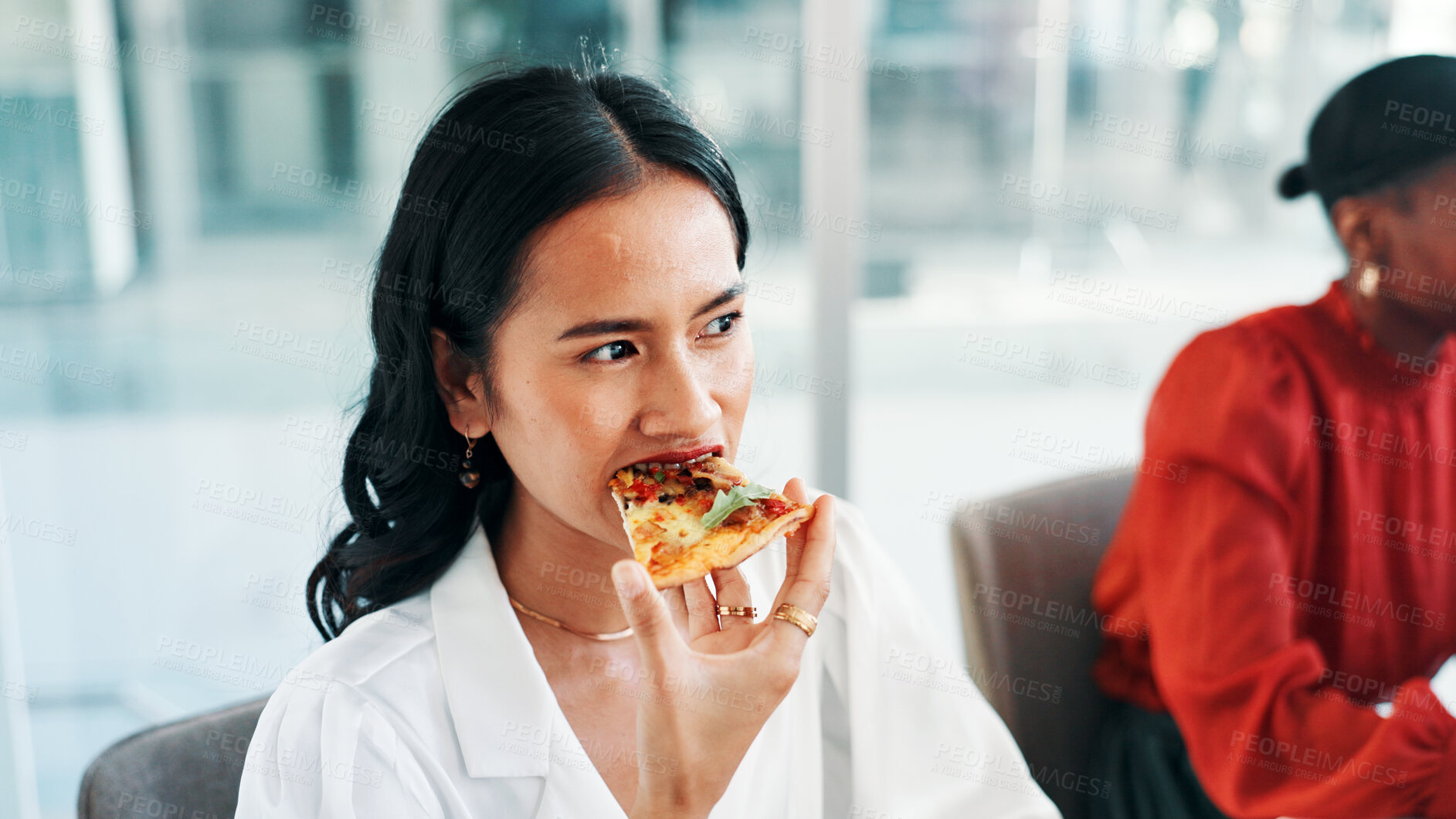 Buy stock photo Business, woman and eating food in office for lunch break, hungry employee and takeaway. Female person, thinking and pizza meal, healthy nutrition and takeout with decision for wellness in workplace