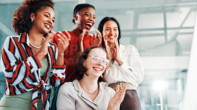 Buy stock photo Office, celebration and business women with applause for promotion, workshop or feedback for company goal. Teamwork, people and support with clapping hands for congratulations, achievement or success