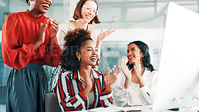 Buy stock photo Applause, computer and fashion design with business women in boardroom for goals or success. Clapping, pc and smile of happy designer people at desk in workplace for clothing company milestone